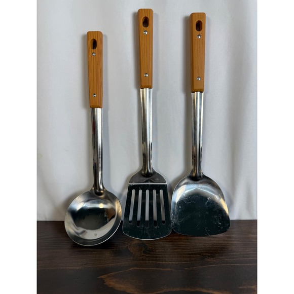 Kitchen Utensils Set of 3 Ladle Turner Spatula Stainless Steel Wood Look Handle - Picture 1 of 7
